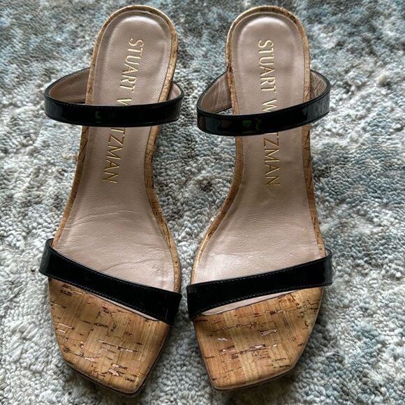 Stuart Weitzman Aleena Wedge Slide Sandal. Square toes. Black patent straps. 6 - Picture 3 of 7